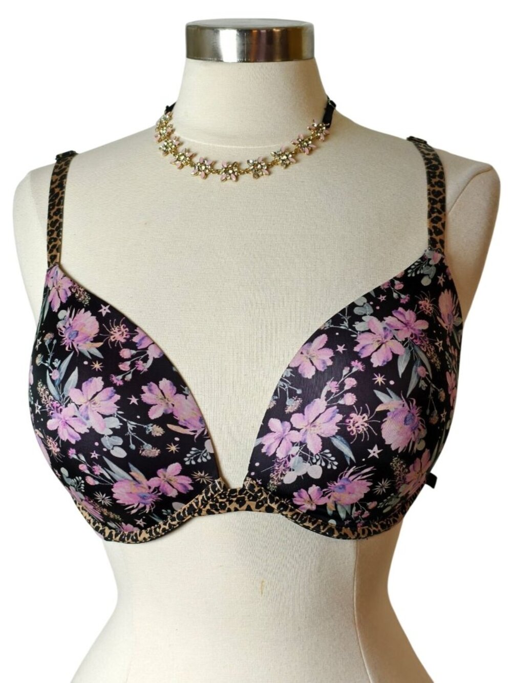 Victorias Secret 36DD Push-Up Bra Plunge Floral Leopard Trim Black Pink Multiwea